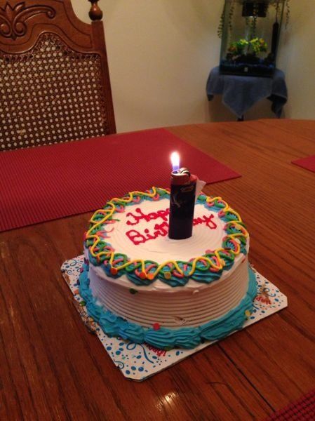 Happy Birthday Torte mit einem Feuerzeug als Kerze