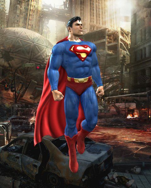 Superman vor zerstörter Stadt